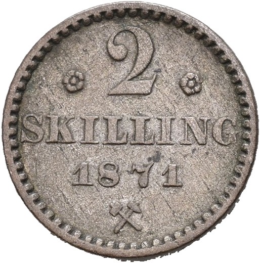 1871 2 skilling Carl XV m/r, 1+