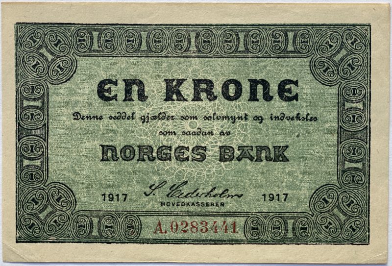 1917 1 krone A.0283441, type 1, 1+/01