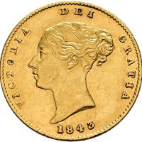 1843 England 1/2 sovereign Victoria, rev. skjold, 3,99 g .917 gull, 1+