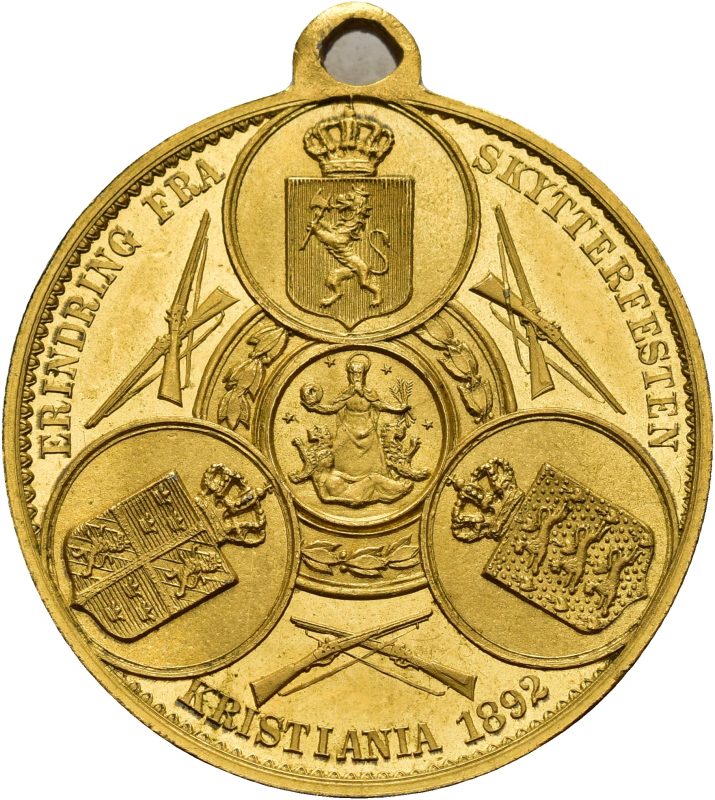1892 Erindring fra skytterfesten Kristiania, Throndsen, 27 mm, forgylt bronse, 0/01
