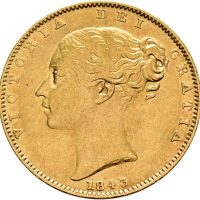 1843 England  sovereign Victoria, rev. skjold, 7,98 g .917 gull, 1+
