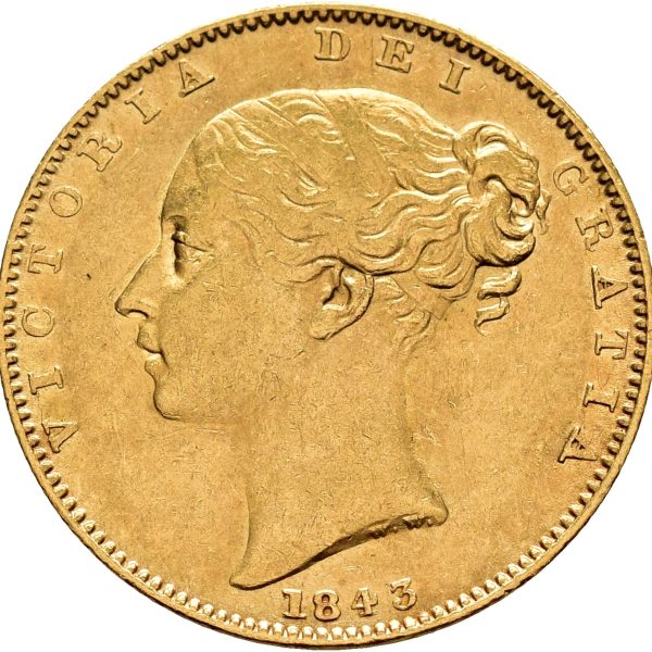 1843 England  sovereign Victoria, rev. skjold, 7,98 g .917 gull, 1+