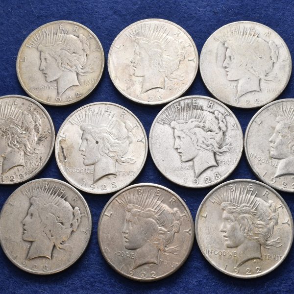 1922, 1923 USA dollar Peace 10 stk., 240,57 g rent sølv, VK