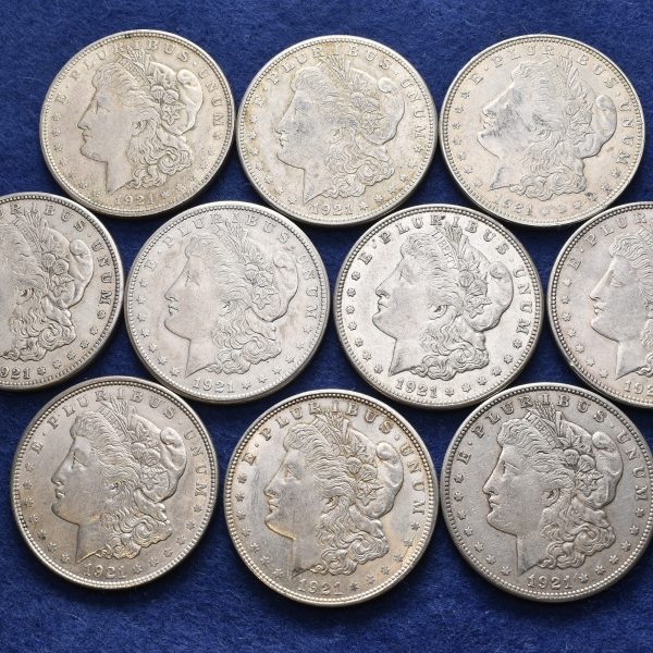 1921 USA dollar Morgan 10 stk., 240,57 g rent sølv, VK