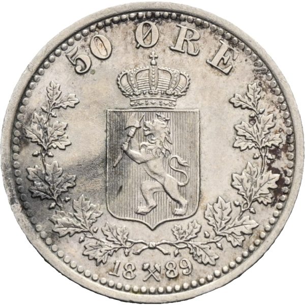 1889 50 øre Oscar II, ujevn toning, 1+