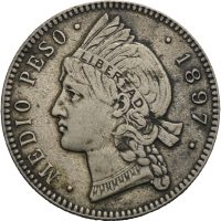 1897 Dominikanske republikk 1/2 peso, 12,5 g 350 sølv, Philadelphia, 0