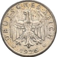 1926 J Tyskland 2 mark Weimar republikk, 10 g .500 sølv, 1/1+