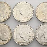 1937-38 Tyskland 2 reichsmark Paul von Hindenburg, lott 6 stk., VK
