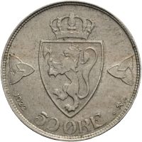 1922 50 øre u/h Haakon VII, 1+/01