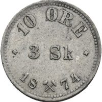 1874 10 øre/ 3 skilling Oscar II, kanthakk, 1/1+