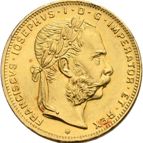 1892 Østerrike 8 florin/ 20 francs Franz Josef I, nypreg, 6,45 g .900 gull, flekker, 0/01