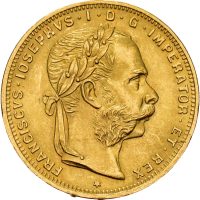 1892 Ungarn 8 florin/ 20 francs Franz Josef I, nypreg, 6,45 g .900 gull, 0/01