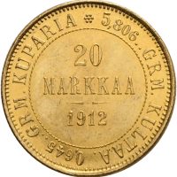 1912 S Finland 20 markkaa Nikolai II, 6,45 g .900 gull 0/01