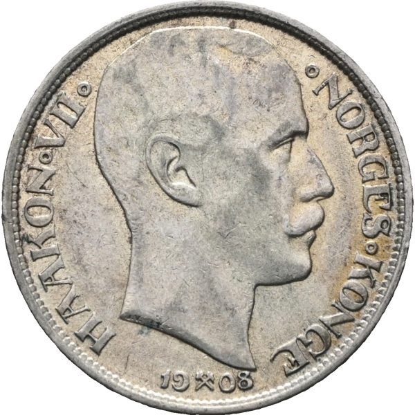1908 1 krone Haakon VII, uten plate, 1+