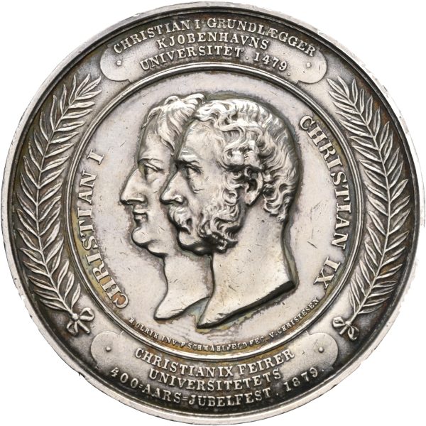 1879 Danmark sølvmedalje 400 år universitet Christian IX, 52 mm, 61 g, lett renset, 1+