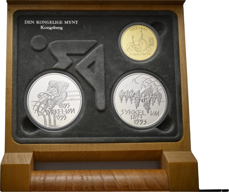 1993 Sykkel VM komplett 1500 Kr gull og 2 stk. 100 kroner, proof i orig. etui