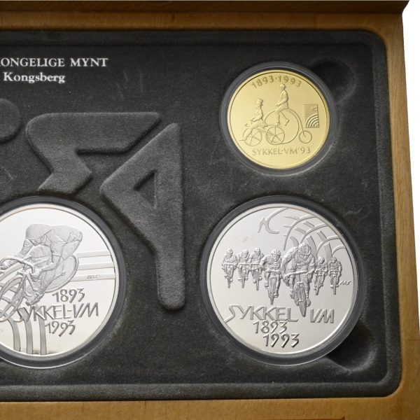 1993 Sykkel VM komplett 1500 Kr gull og 2 stk. 100 kroner, proof i orig. etui