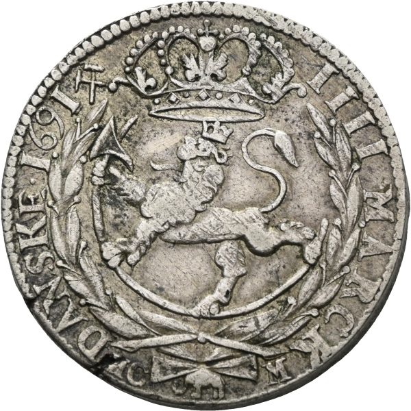 1691 4 mark Christian V, ex. Kyllo, små blankettfeil, 1+