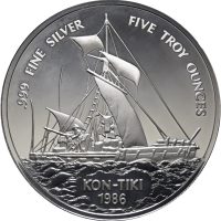 1986 Samoa 25 dollars Kon-Tiki i originalt etui, 155,55 g .999 sølv, proof