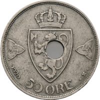 1920 50 øre Haakon VII, m/h, skjevt hull, 1