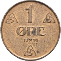 1908 1 øre Haakon VII, flekk/skjolde, 0/01
