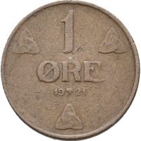 1921 1 øre Haakon VII, bronse, riper advers, 1/1-