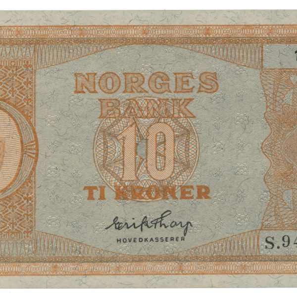 1951 10 kroner S.9406058, liten hjørne brett, 0/01