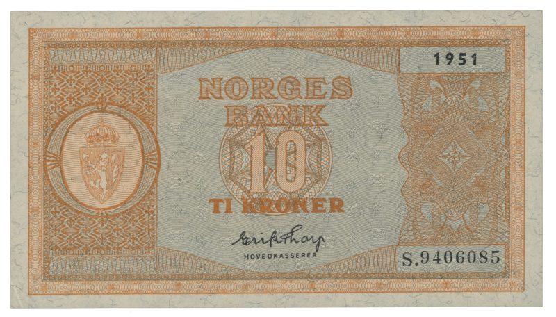 1951 10 kroner S.9406058, liten hjørne brett, 0/01