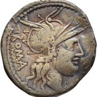120 f. Kr. AR denarius Marcus Tullius, Viktoria, Roma, 1/1-