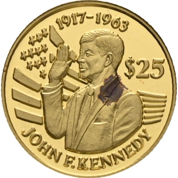 1994 Niue 25 dollars, J.F. Kennedy, rød flekk, 0