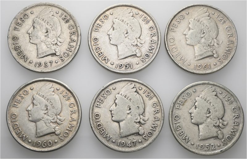 1937-1961 Dominikanske republikk 1/2 peso, lott 6 mynter, VK