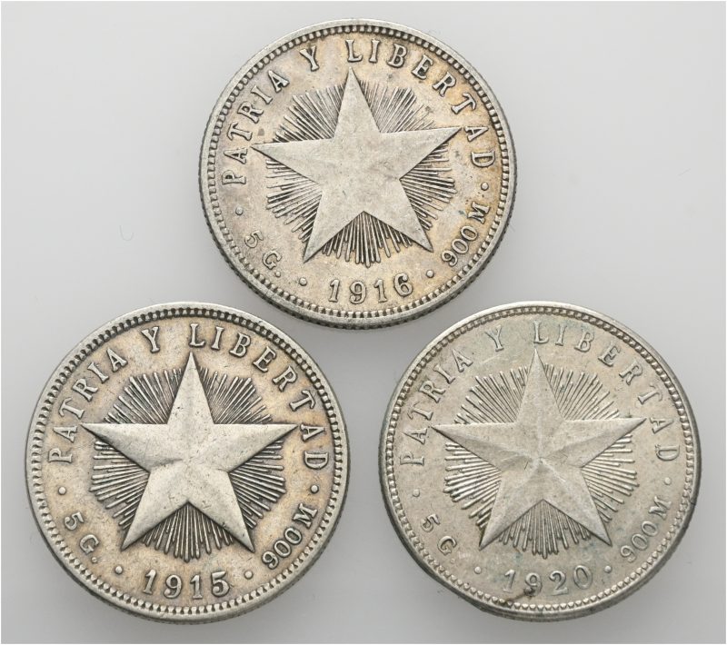 1915-1920 Cuba 20 centavos, lott 3 mynter, VK
