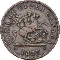 1857 Canada penny Bank of Upper Canada token, Canada forente provins, 01