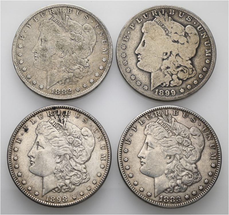 1882 O, 1883, 1898, 1999 O USA dollar, lott 4 stk., VK
