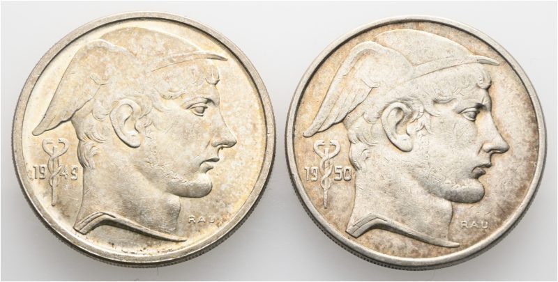 1949 og 1950 Belgia 20 francs Leopold III (1934-1951), lott 2 stk. fransk og flamsk, 1+/01