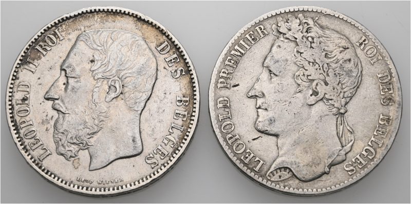 1847 og 1873 Belgia 5 francs, lott 2 stk., hakk på 1847, 1
