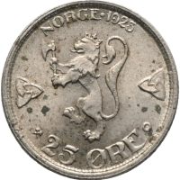 1923 25 øre Haakon VII, u/h, flekker, 0/01