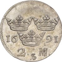 1691 Sverige 2 mark Karl XI, svakt korrodert, 1+/01