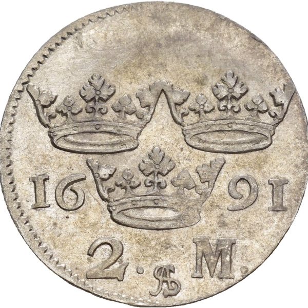 1691 Sverige 2 mark Karl XI, svakt korrodert, 1+/01