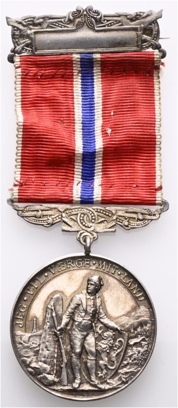 Jeg vil værge mit land, Throndsen, sølv, med agraff og bånd, 34 mm, 01