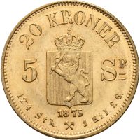 1875 20 kroner/ 5 spd. Oscar II (1872-1905), kontaktmerker, 0/01