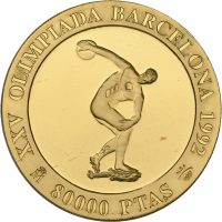 1990 Spania 80.000 pesetas Juan Carlos I (1975-2014), OL Barcelona 1992, Diskoskasteren, 27 g Gull Prf.