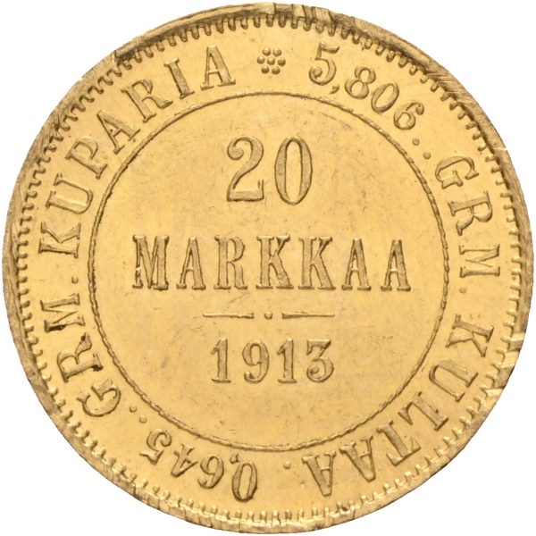 1913 Finland 20 markkaa Nikolai II, kantskader, 01