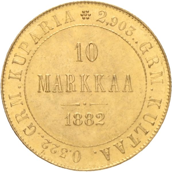 1882 Finland 10 markkaa Alexander III (1881-1894), 0/01