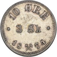 1874 10 øre/ 3 skilling Oscar II (1872-1905), 01