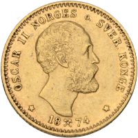 1874 10 kroner/ 2,5 spd. Oscar II (1872-1905), 1+/01