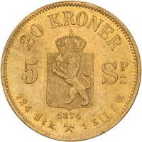 1874 20 kroner/ 5 spd. Oscar II (1872-1905), 1+/01