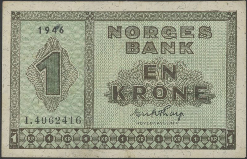 1946 1 krone I.4062416, skillemyntseddel type II, flekk, 1+