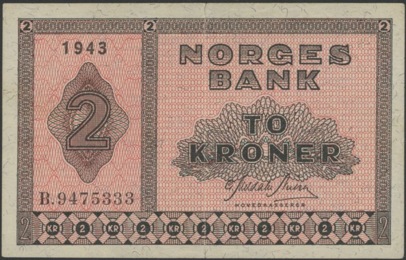 1943 2 kroner B.9475333, skillemyntseddel type II, kraftig midtbrett med rift, 1+