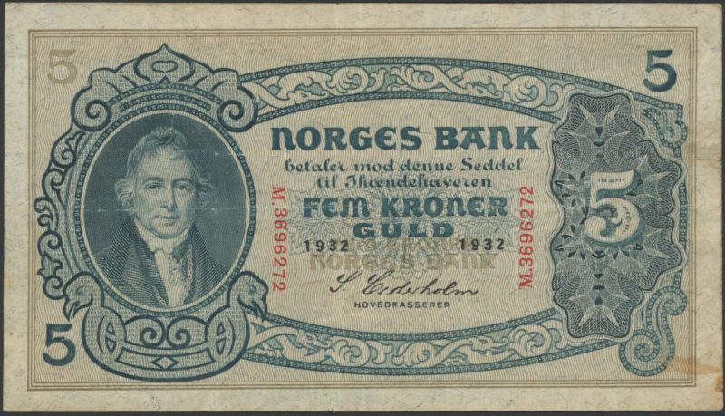 1932 5 kroner M.3696272, 2. utgave, flekker nede til høyre, 1-
